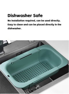 Teuuea 2 Pieces Adjustable Large Dish Drying Rack, Extendable Kitchen Sink Drain Basket Drainer Strainer, Stackable Retractable Over the Sink Colander Organizer, for Vegetable Fruit (Green and Gray)  - Image 3