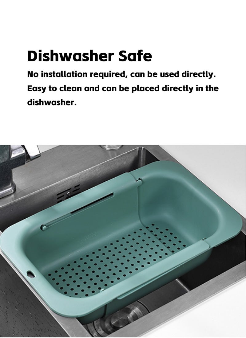 Teuuea 2 Pieces Adjustable Large Dish Drying Rack, Extendable Kitchen Sink Drain Basket Drainer Strainer, Stackable Retractable Over the Sink Colander Organizer, for Vegetable Fruit (Green and Gray)  - Image 3