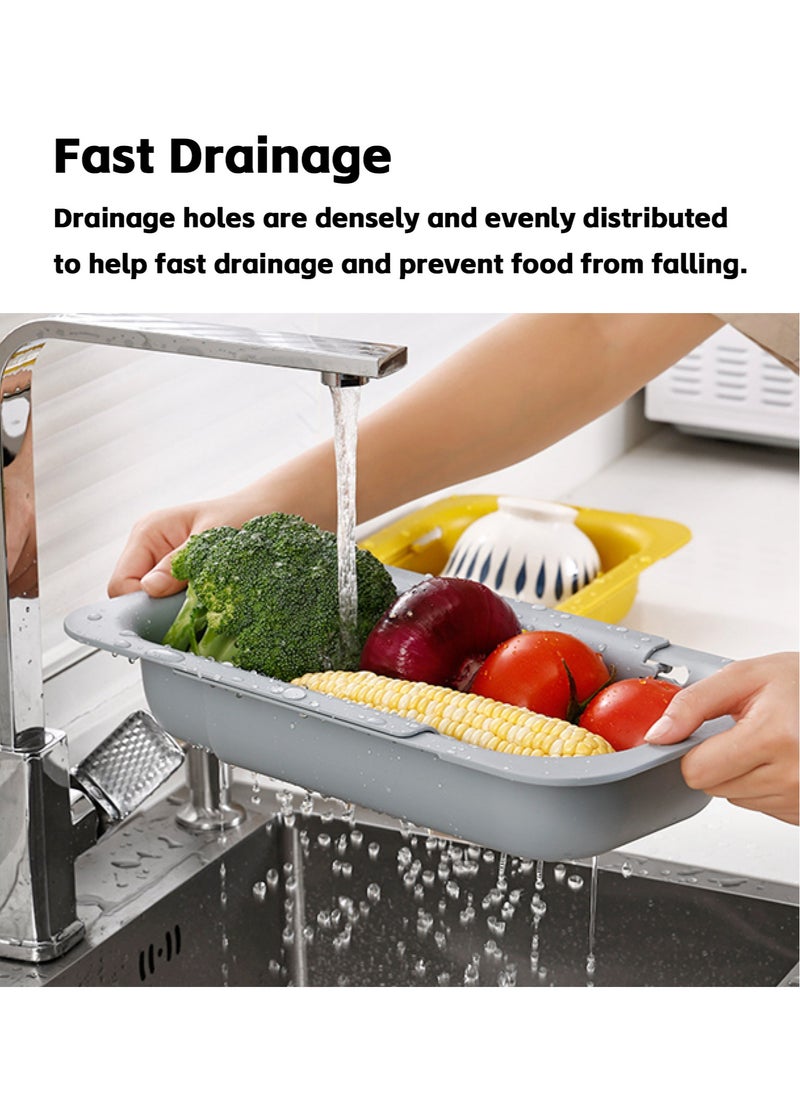 Teuuea - 2 Pieces Adjustable Large Dish Drying Rack, Extendable Kitchen Sink Drain Basket Drainer Strainer, Stackable Retractable Over the Sink Colander Organizer, for Vegetable Fruit (Green and Gray) - Image 1