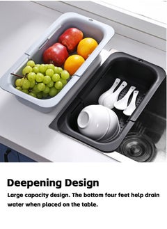 Teuuea 2 Pieces Adjustable Large Dish Drying Rack, Extendable Kitchen Sink Drain Basket Drainer Strainer, Stackable Retractable Over the Sink Colander Organizer, for Vegetable Fruit (Green and Gray)  - Image 4