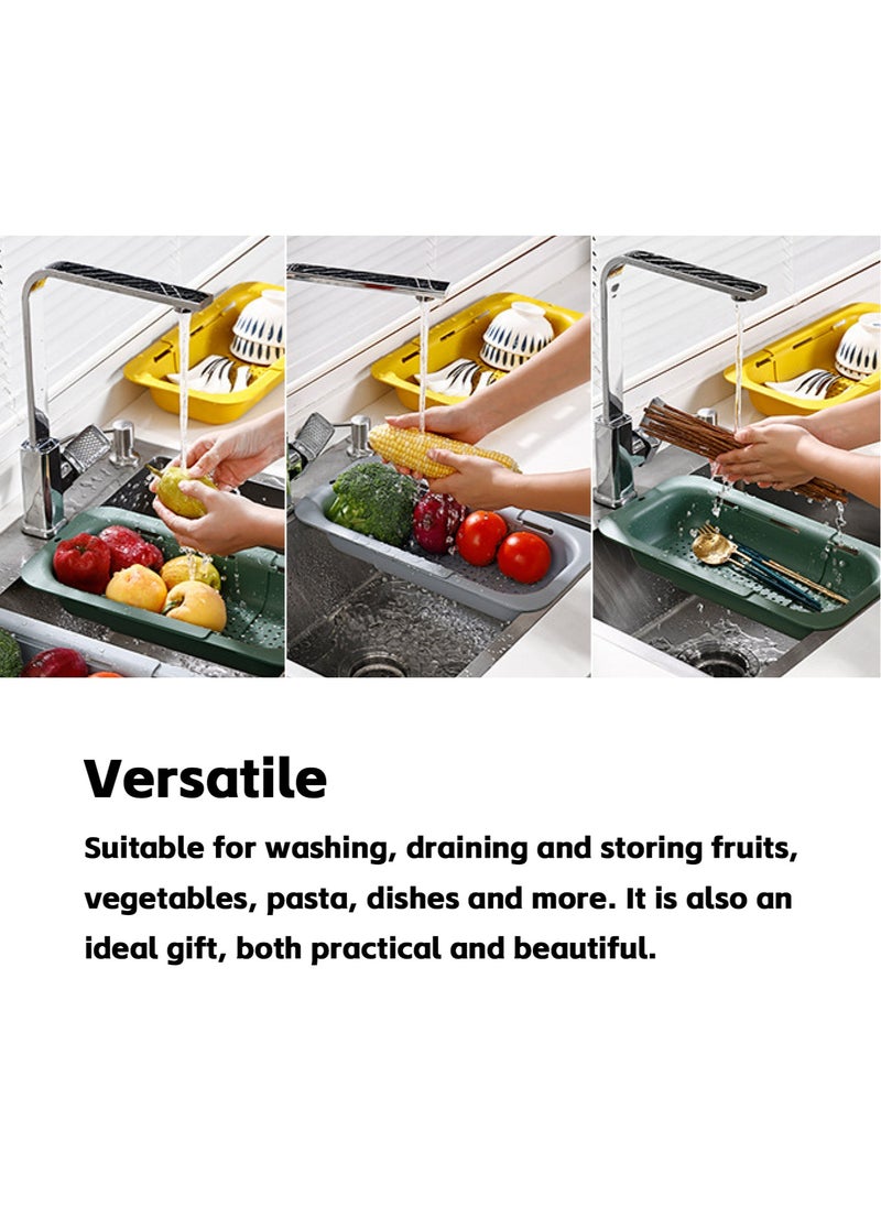 Teuuea - 2 Pieces Adjustable Large Dish Drying Rack, Extendable Kitchen Sink Drain Basket Drainer Strainer, Stackable Retractable Over the Sink Colander Organizer, for Vegetable Fruit (Green and Gray) - Image 1