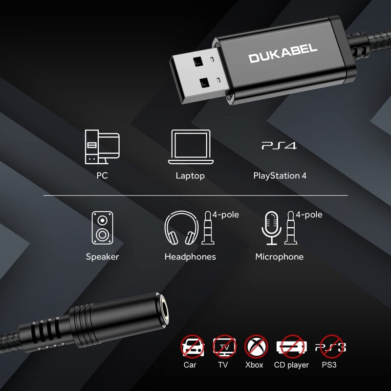 DUKABEL محول صوت DUKABEL USB إلى جاك 3.5 مم، كابل USB إلى AUX مع دعم ميكروفون TRRS 4-قطب، محول USB إلى سماعة AUX مع شريحة مدمجة، بطاقة صوت خارجية لجهاز الكمبيوتر PS4 PS5 والمزيد [9.8 بوصة] - Image 2