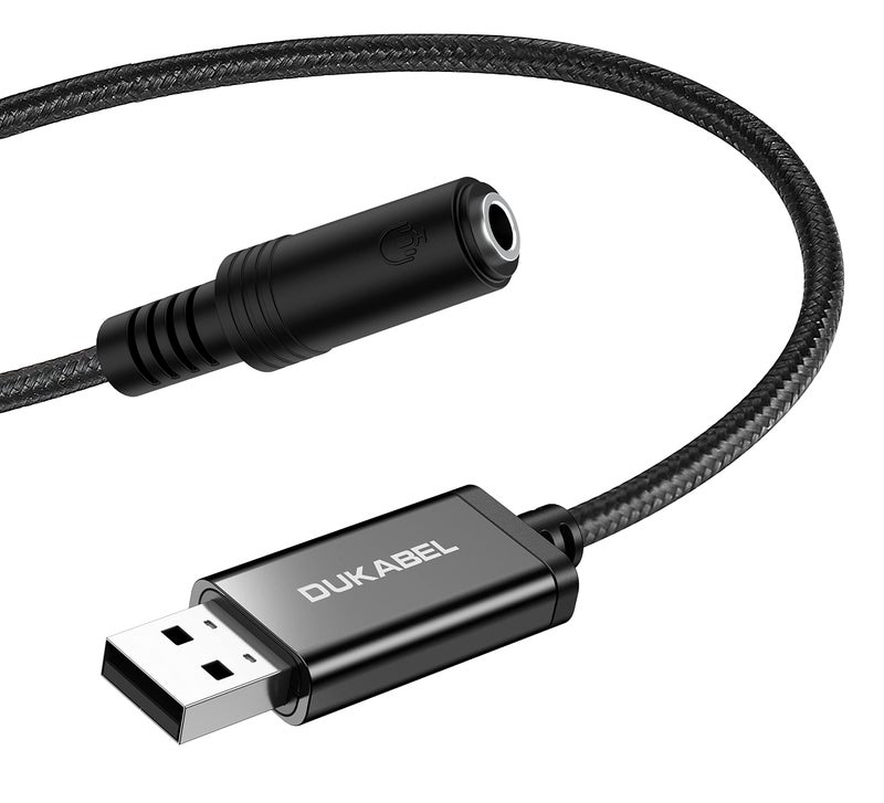 DUKABEL محول صوت DUKABEL USB إلى جاك 3.5 مم، كابل USB إلى AUX مع دعم ميكروفون TRRS 4-قطب، محول USB إلى سماعة AUX مع شريحة مدمجة، بطاقة صوت خارجية لجهاز الكمبيوتر PS4 PS5 والمزيد [9.8 بوصة] - Image 1