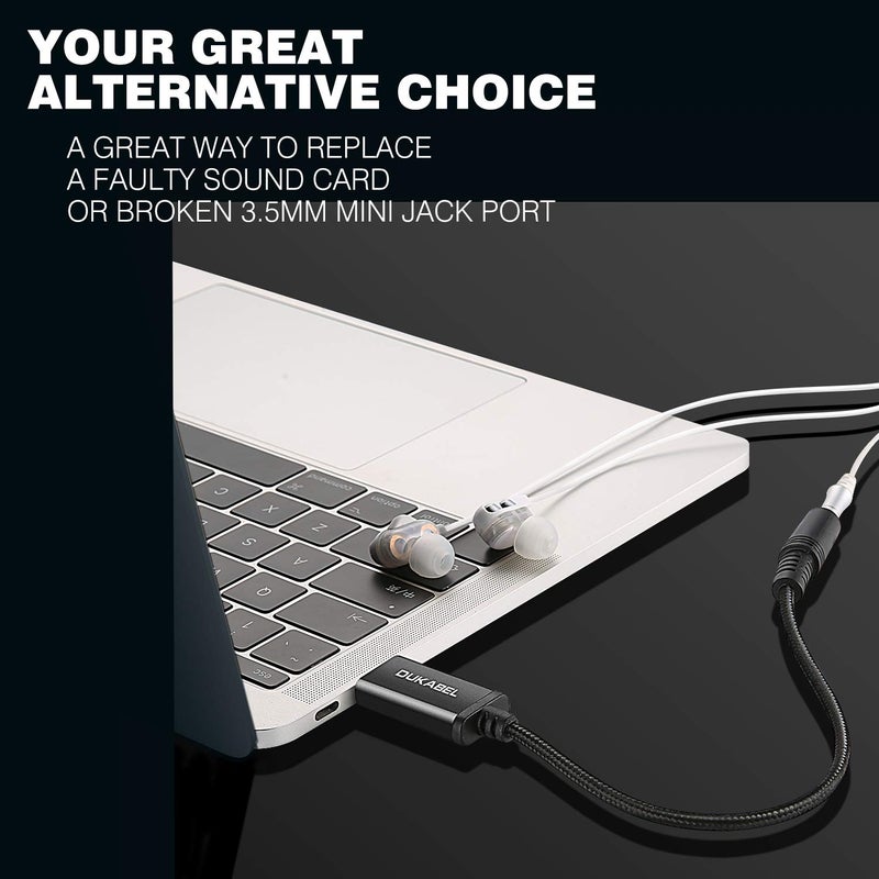 DUKABEL محول صوت DUKABEL USB إلى جاك 3.5 مم، كابل USB إلى AUX مع دعم ميكروفون TRRS 4-قطب، محول USB إلى سماعة AUX مع شريحة مدمجة، بطاقة صوت خارجية لجهاز الكمبيوتر PS4 PS5 والمزيد [9.8 بوصة] - Image 3