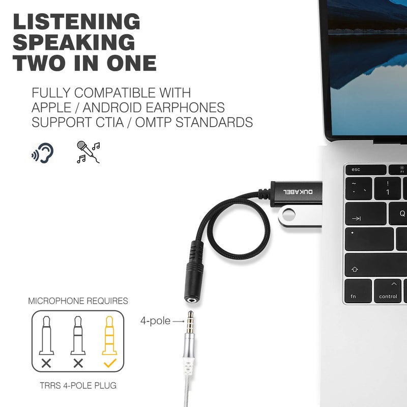 DUKABEL محول صوت DUKABEL USB إلى جاك 3.5 مم، كابل USB إلى AUX مع دعم ميكروفون TRRS 4-قطب، محول USB إلى سماعة AUX مع شريحة مدمجة، بطاقة صوت خارجية لجهاز الكمبيوتر PS4 PS5 والمزيد [9.8 بوصة] - Image 5