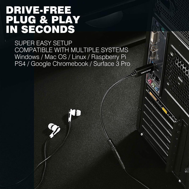 DUKABEL محول صوت DUKABEL USB إلى جاك 3.5 مم، كابل USB إلى AUX مع دعم ميكروفون TRRS 4-قطب، محول USB إلى سماعة AUX مع شريحة مدمجة، بطاقة صوت خارجية لجهاز الكمبيوتر PS4 PS5 والمزيد [9.8 بوصة] - Image 4
