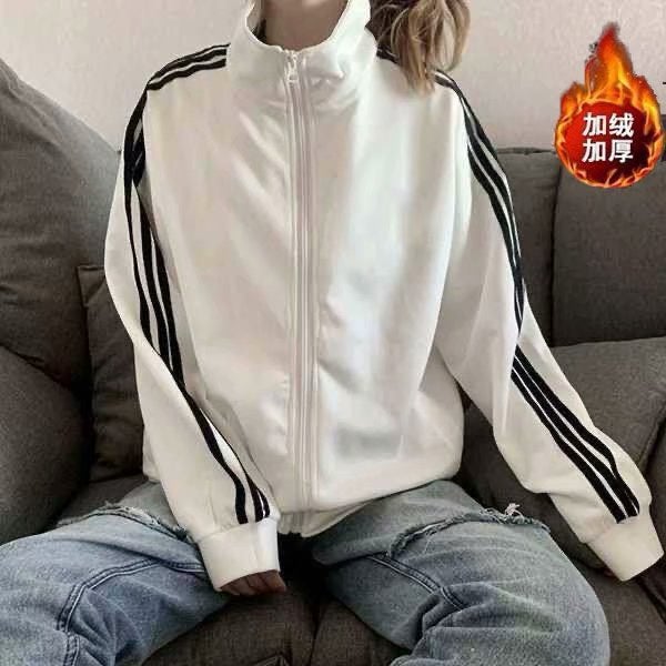 Spring and Summer new three-bar coat womens Korean-style thin jacket student black baseball uniform womens loose zipper cardigan White plus velvet 