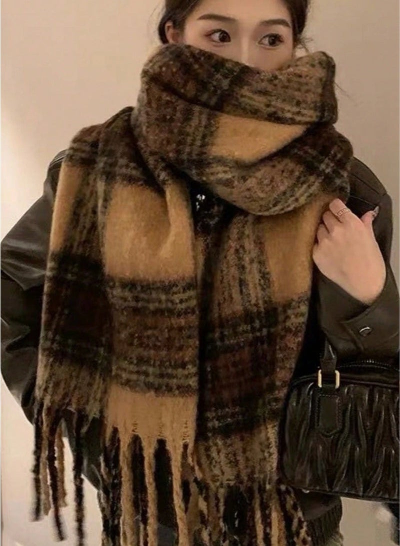 shein 1pc Ladies' Autumn And Winter New Retro Maillard Scarf, Outdoor Versatile Warm And Thick Atmosphere Scarf Shawl, Couple Plaid Tassel Scarf, Suitable For Men And Women Women Winter Scarves For Dress - Image 1