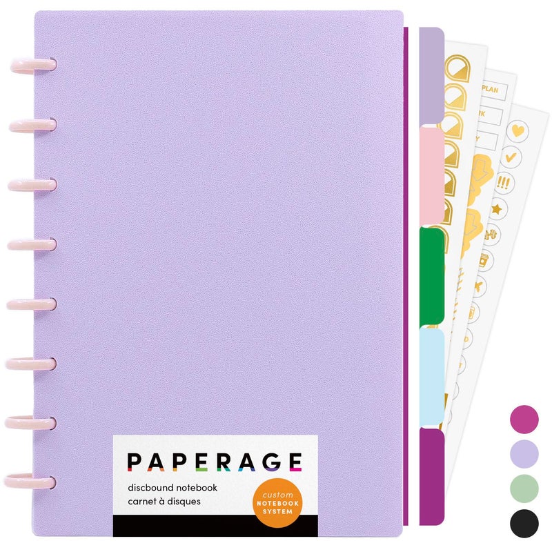 PAPERAGE Customizable Discbound Notebook, 134 Pages, All-in-One, 8-Disc Refillable Spiral Journal with Removable Pages, 12-Month Undated Calendar, Dividers & Stickers (Lavender), 8.8 in x 7.2 in - Image 1