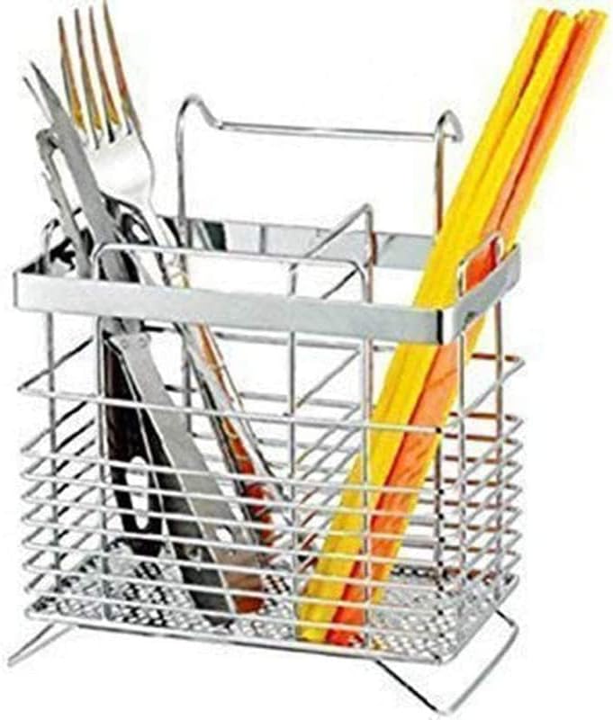 DECOFOLD Silver Stainless Steel Hanging Spoon Stand | Fork Holder | Knife Drainer | Steel Basket - Image 1