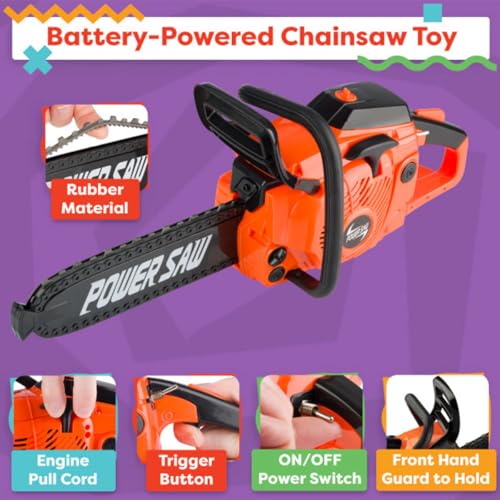 HEY PLAY Toy Chainsaw Fake Outdoor Power Tool for Pretend Play BatteryPowered with Pull Cord Rotating Chain and Realistic Sounds Orange - Image 5