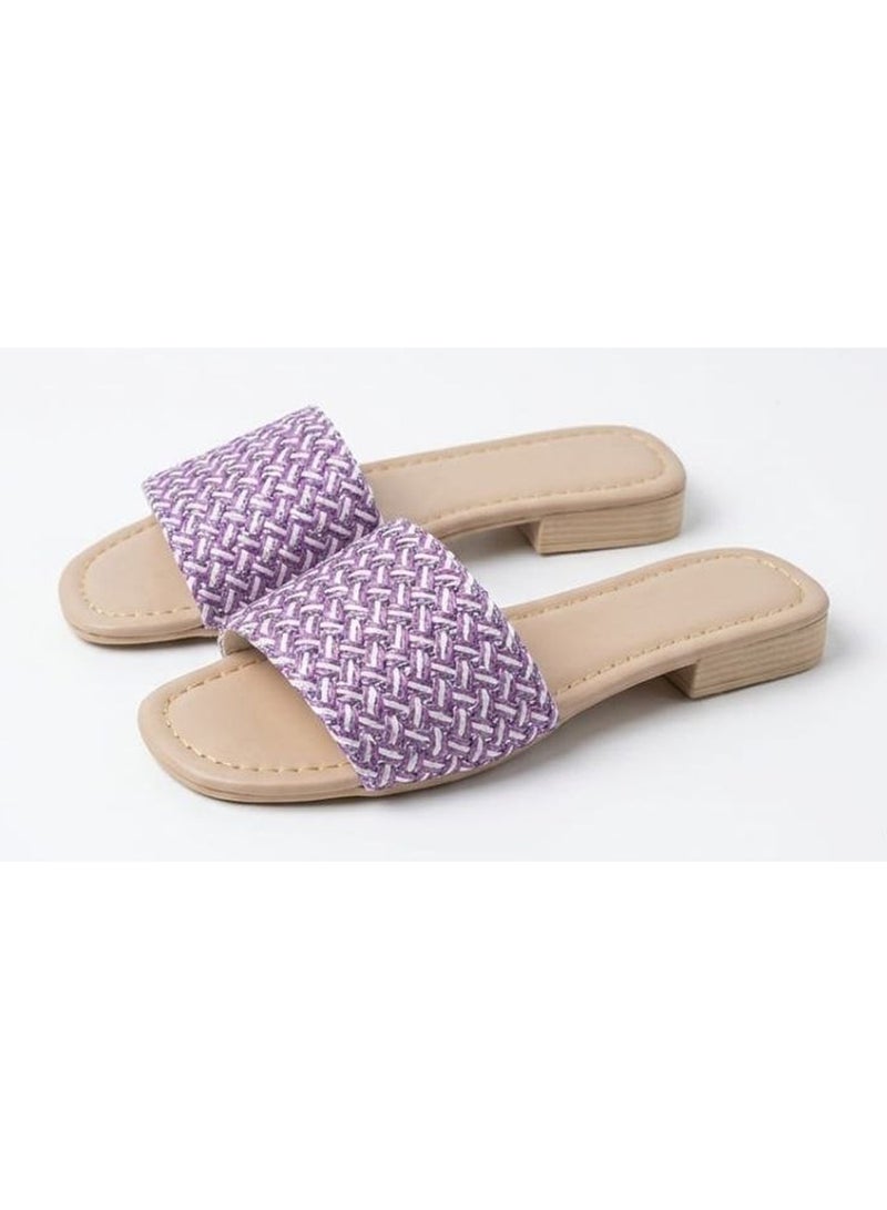 Karisma Flat Squared Toe Slippers With Simple Canvas Embroidered Upper Strap - Image 1