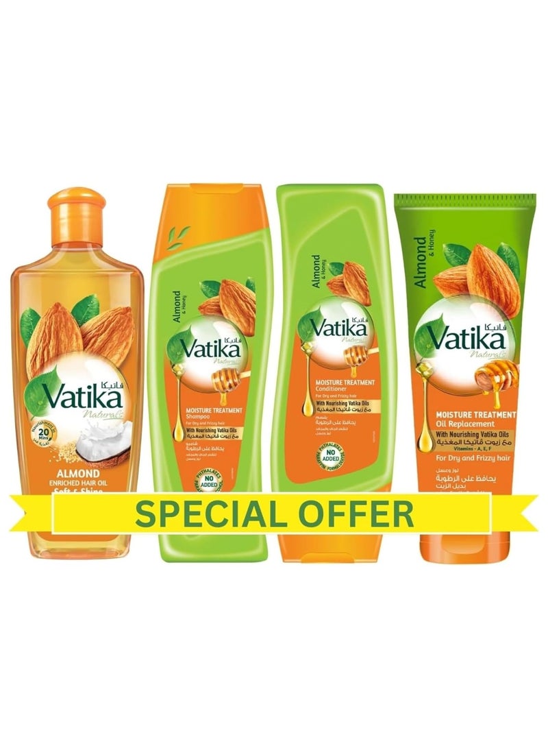 Vatika Naturals Vatika Naturals Almond Enriched Hair Oil + Moisture Treatment Shampoo + Conditioner + Oil Replacement (4x200ml) | For Dry Frizzy Hair | Complete Hair Care Regimen Value Pack  - Image 1