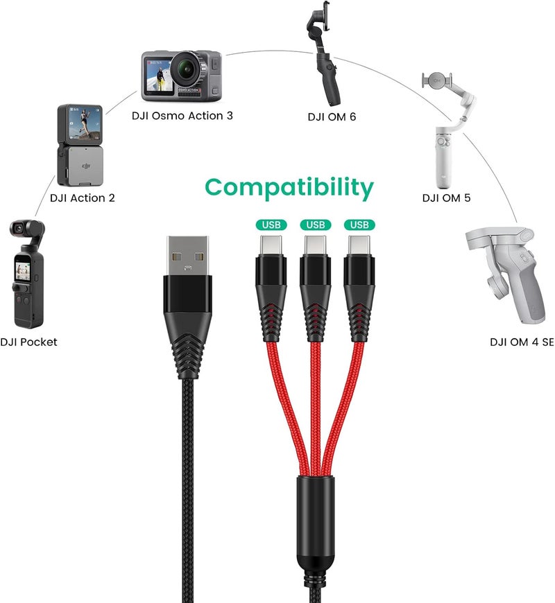 weishan شاحن USB C لجهاز DJI Osmo Mobile 6 OM 6 5 4 SERS 2 3 مثبتات صغيرة وكاميرات أكشن Pocket 2 كابل شحن TypeC 3 في 1 مع محول شحن سريع 18 واط ملحقات 4 أقدام - Image 2