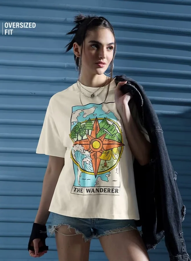The Souled Store The Souled Store Women TSS Originals The Wanderer Graphic Printed Off White Oversized Fit T-Shirts