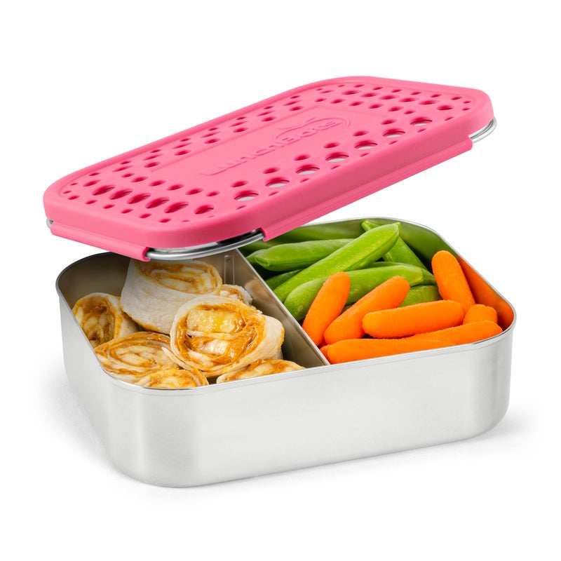 LunchBots Medium Duo Snack Container - Divided Stainless Steel Food Container - Two Sections for Half Sandwich and a Side - Eco-Friendly - Dishwasher Safe - Stainless Lid - Pink Dots - Image 1