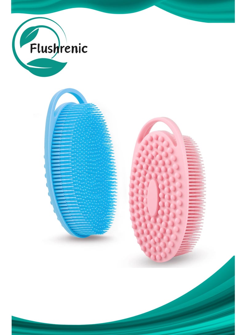 Flushrenic 2-Piece Silicone Body Scrub Set with Loofah Exfoliating Soft Shower Brush for Body, 2-in-1 Bath and Shampoo Wash Brush for Skin Exfoliation, Suitable for Men and Women (Blue and Pink) - Image 1