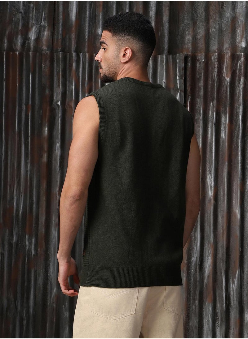 HIGH STAR - Men's Olive 100% Acrylic Solid Relaxed Fit Sweater - Image 1