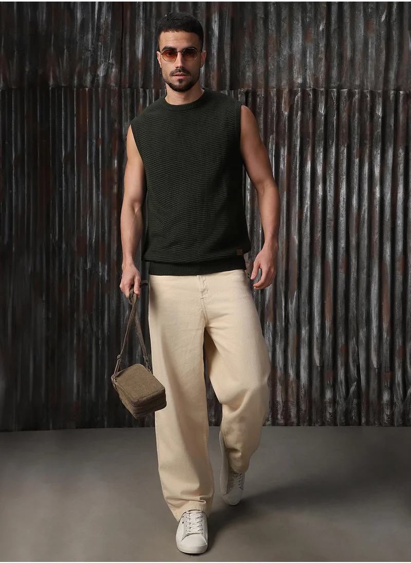 هاي ستار Men's Olive 100% Acrylic Solid Relaxed Fit Sweater