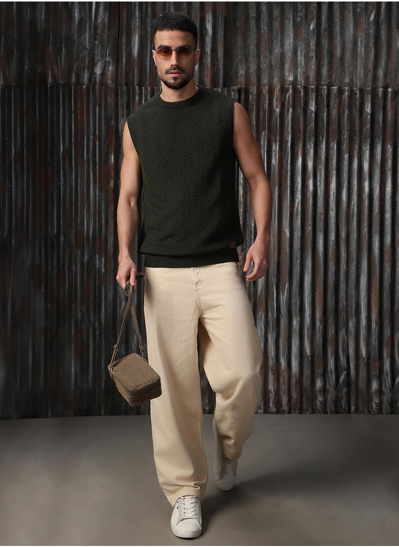 HIGH STAR - Men's Olive 100% Acrylic Solid Relaxed Fit Sweater - Image 1