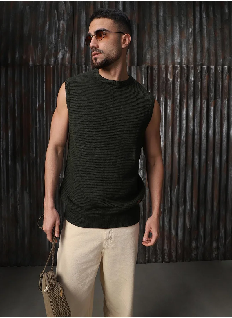 HIGH STAR Men's Olive 100% Acrylic Solid Relaxed Fit Sweater
