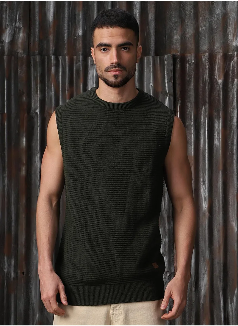 هاي ستار Men's Olive 100% Acrylic Solid Relaxed Fit Sweater