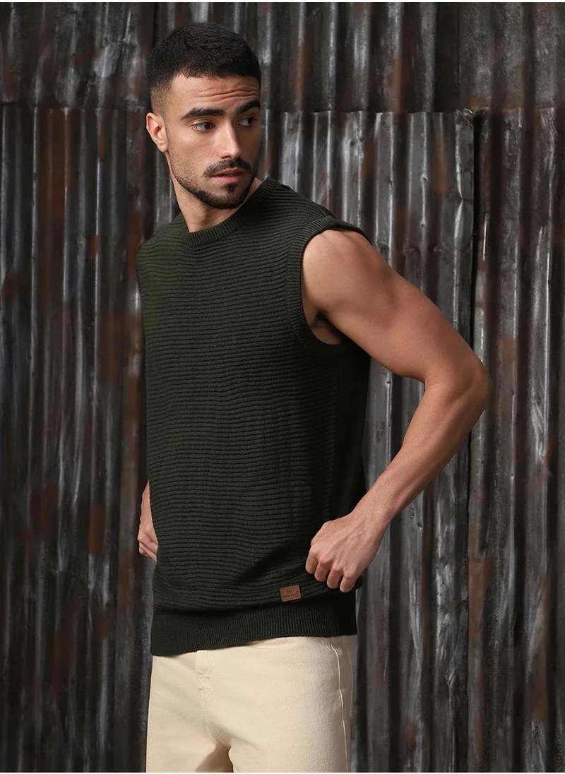 HIGH STAR Men's Olive 100% Acrylic Solid Relaxed Fit Sweater