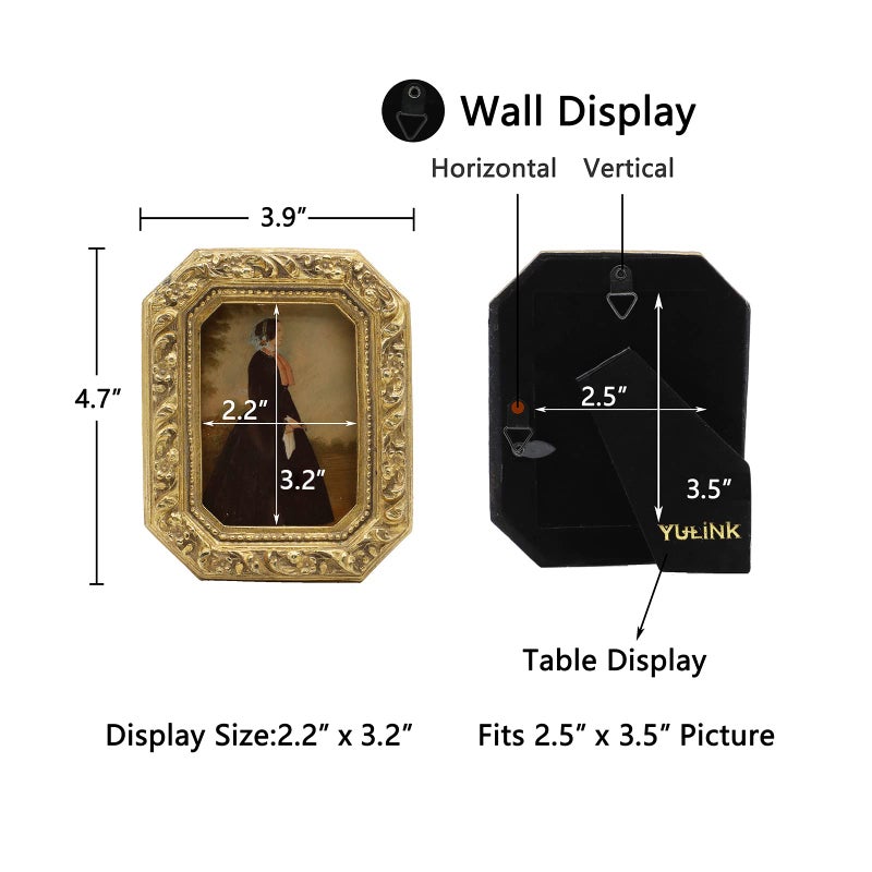 YULINK 2.5x3.5 Small Vintage Picture Frame  Mini Antique Ornate Gold Photo Frame  Tiny Retro Octagon frame  for Tabletop and Wall Display  Old Fashioned Photo Gallery Art Decor - Image 5