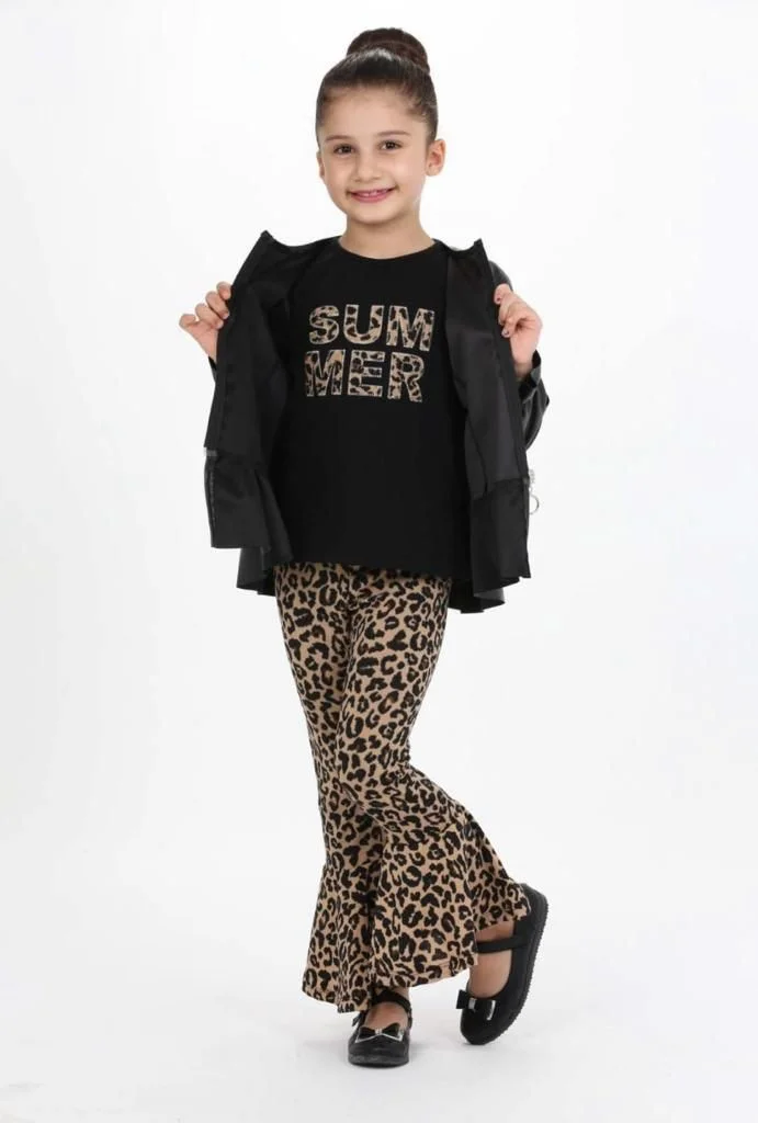 Miniğimin Cicileri My Little Ones Leather Jacket and Summer Leopard Trousers 3 Piece Girl's Set