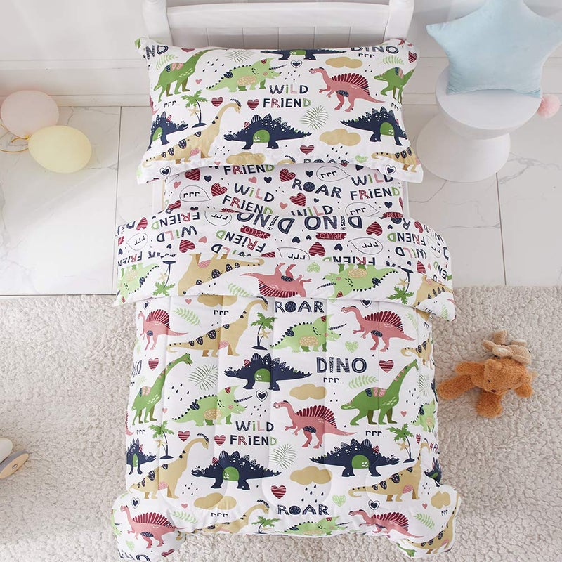 Joyreap Joyreap 4 Piece Toddler Bedding Set Dinosaur Theme Printed on White Standard Size Includes Quilted Comforter Fitted Sheet Top Sheet and Pillow Case for Boys n Girls