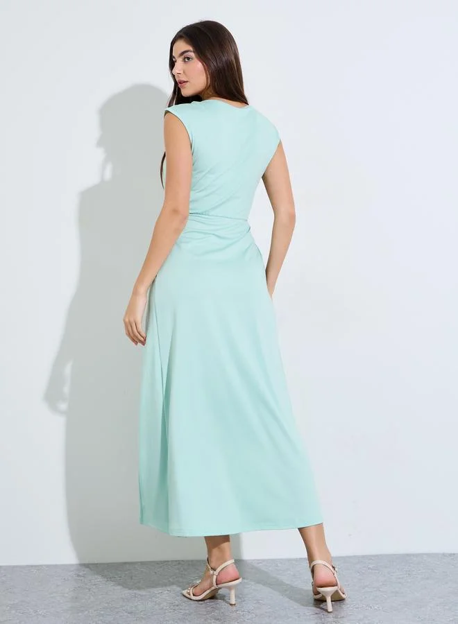 Styli mint green Green Solid Pleated A-Line Maxi Dress for Women | Best Price UAE