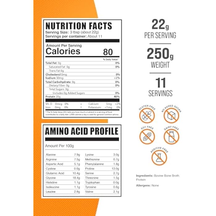 BulkSupplements.com Beef Bone Broth Protein Powder - Bovine Bone Broth Protein, Lactose Free Protein Powder - Dairy Free & Gluten Free, 22g per Serving, 250g (8.8 oz) (Pack of 1) - Image 2