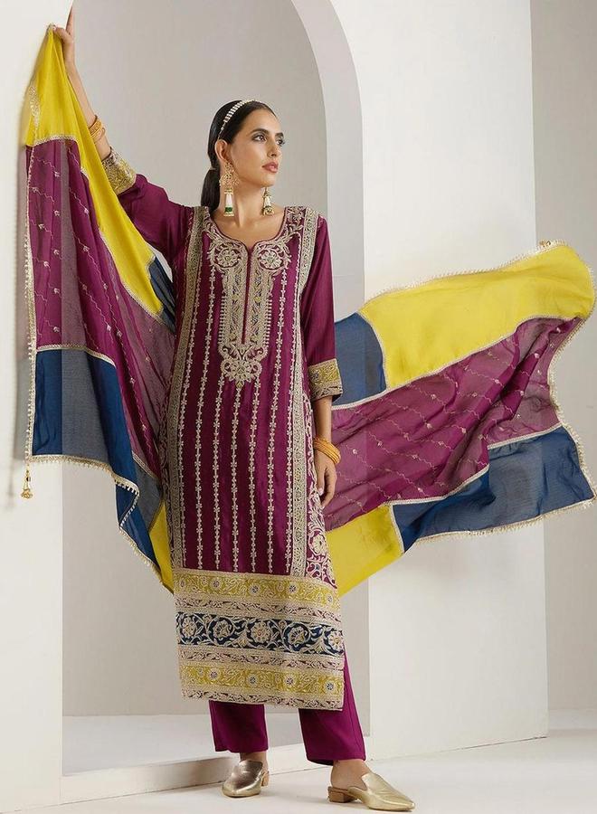 آي شين طقم كورتا وبنطال مع شال بلون بنفسجي - Image 1