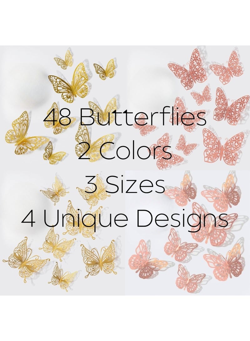 Luxurious 48-Piece 3D Butterfly Wall Decor – Gold & Rose Gold, 4 Elegant Designs, 3 Sizes, High-Gloss Metallic Finish – DIY Wall Stickers for Home, Bedroom, Wedding & Events - Image 1