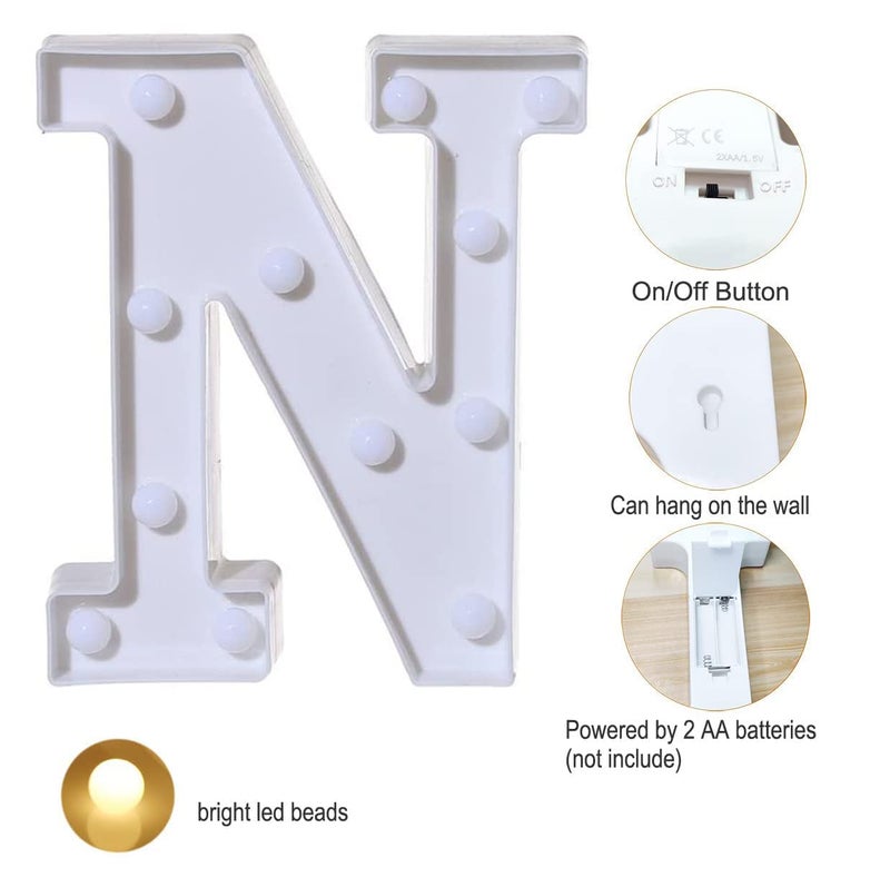 Party Propz ضوء الحرف N - 1 قطعة من أضواء الحروف الماركيه، ديكور غرف جمالي، أضواء حروف عيد الميلاد، أضواء أسماء ماركيه، عناصر تزيين غرف الأطفال (بولي بروبيلين، أبيض)، LED - Image 3