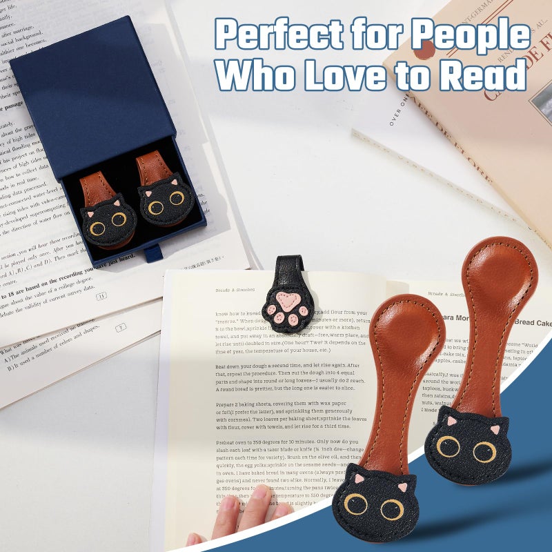 Ovesmusl 2Pcs Magnetic Leather Bookmarks with Gift Box, Magnetic Pen Holder Book Marks Clip Gift for Book Lover Readers Men Women Teachers Students, Cat (Brown+Brown) - Image 3