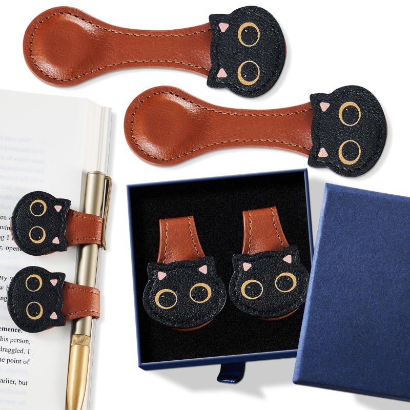 Ovesmusl 2Pcs Magnetic Leather Bookmarks with Gift Box, Magnetic Pen Holder Book Marks Clip Gift for Book Lover Readers Men Women Teachers Students, Cat (Brown+Brown) - Image 1