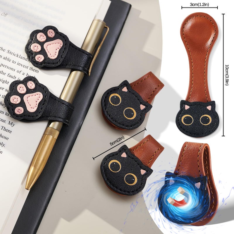 Ovesmusl 2Pcs Magnetic Leather Bookmarks with Gift Box, Magnetic Pen Holder Book Marks Clip Gift for Book Lover Readers Men Women Teachers Students, Cat (Brown+Brown) - Image 2