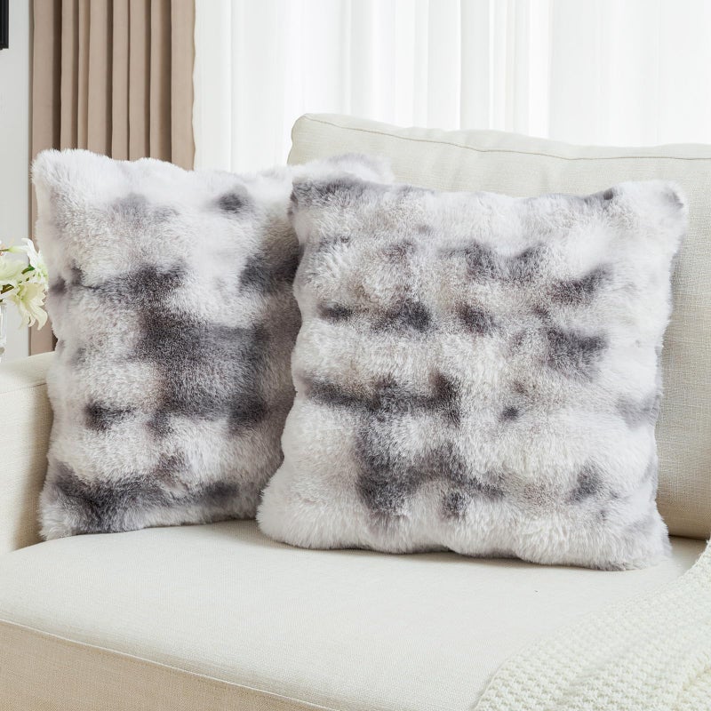 FUTEI Grey White Decorative Throw Pillow Covers 18x18 Inch Set of 2,Soft Fuzzy Faux Rabbit Fur Cushion Covers with Raised Texture,Neutral Boho Home Decor for Couch Bed Living Room - Image 1
