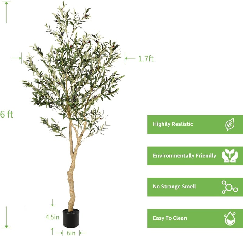 REALEAD 6ft Faux Olive Tree, Tall Olive Tree Plants, Fake Potted Olive Silk Tree, Artificial Olive Trees for Modern Home Office Living Room Floor Decor Indoor - Image 1