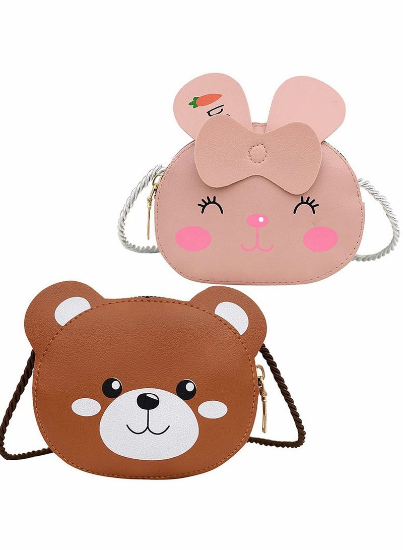 Excefore Little Girls Shoulder Bag, 2 Pieces Princess Mini Bag Crossbody Bag Pu Shoulder Handbag Little Girls Handbag for Kids Toddler Girls Preschoolers (Pink rabbit, brown bear) - Image 1
