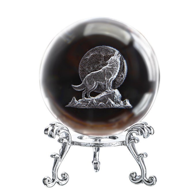 3D CRYSTAL WOLF FIGURINES WOLF GIFTS FOR MAN WOMEN 60MM GLASS LASER BALL PAPERWEIGHT WITH STAND HOWLING WOLF WITH MOON STATUE ETCHED GLASS WOLF DECOR FOR HOME