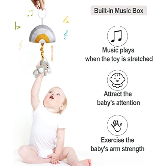 BABY HANGING RATTLE TOYS, BABY LULLABY PULL MUSICAL, SOFT PLUSH EARLY DEVELOPMENT STROLLER CAR TOYS WITH SQUEAKER FOR INFANT (RABBIT) - Image 3