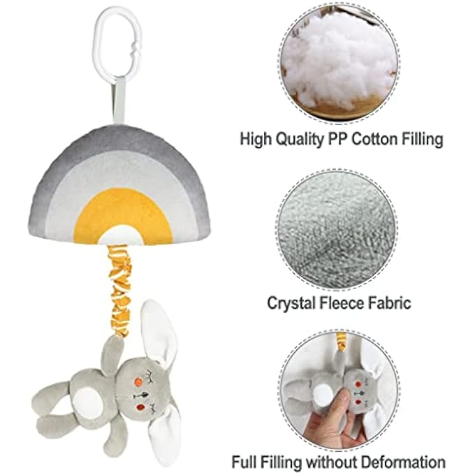 BABY HANGING RATTLE TOYS, BABY LULLABY PULL MUSICAL, SOFT PLUSH EARLY DEVELOPMENT STROLLER CAR TOYS WITH SQUEAKER FOR INFANT (RABBIT) - Image 4