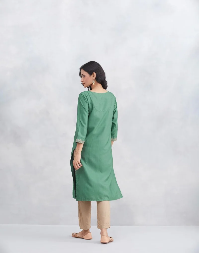 Fabindia  Green Viscose Silk Embroidered Knee Length Kurta for Women | Best Price UAE