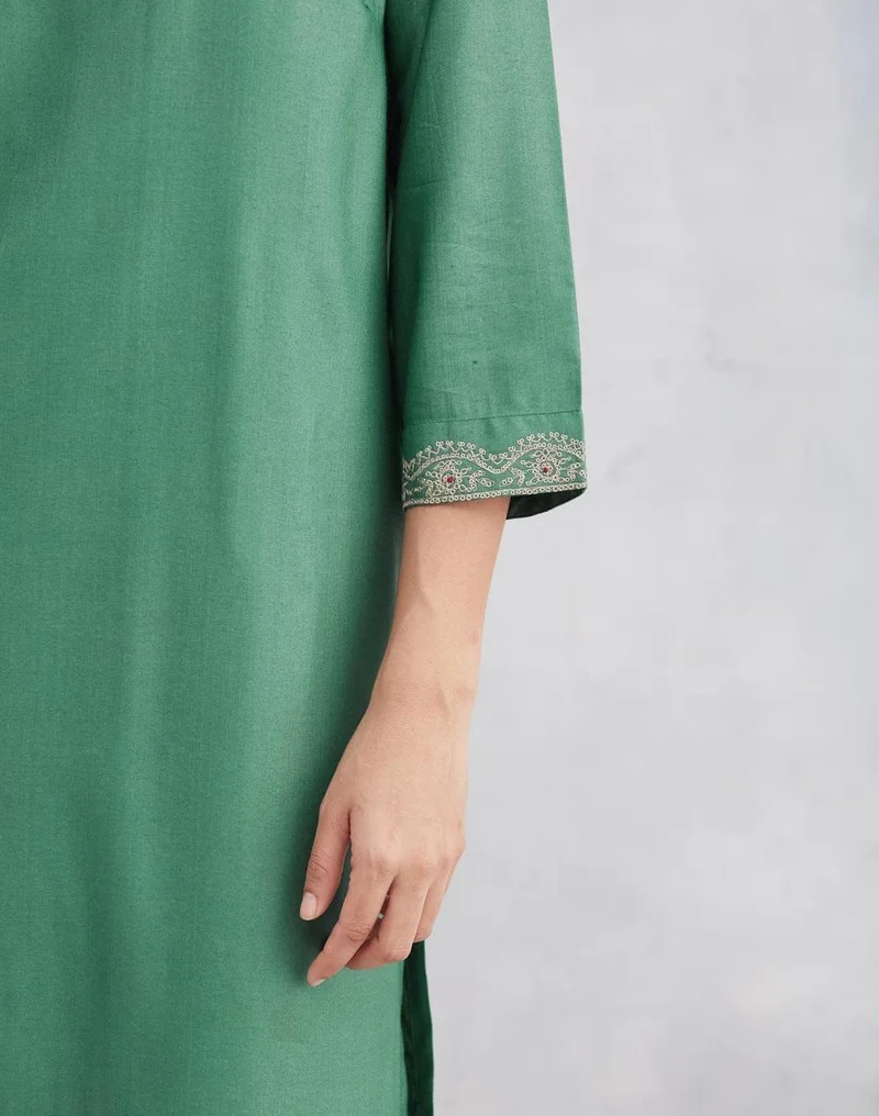 Fabindia  Green Viscose Silk Embroidered Knee Length Kurta for Women | Best Price UAE