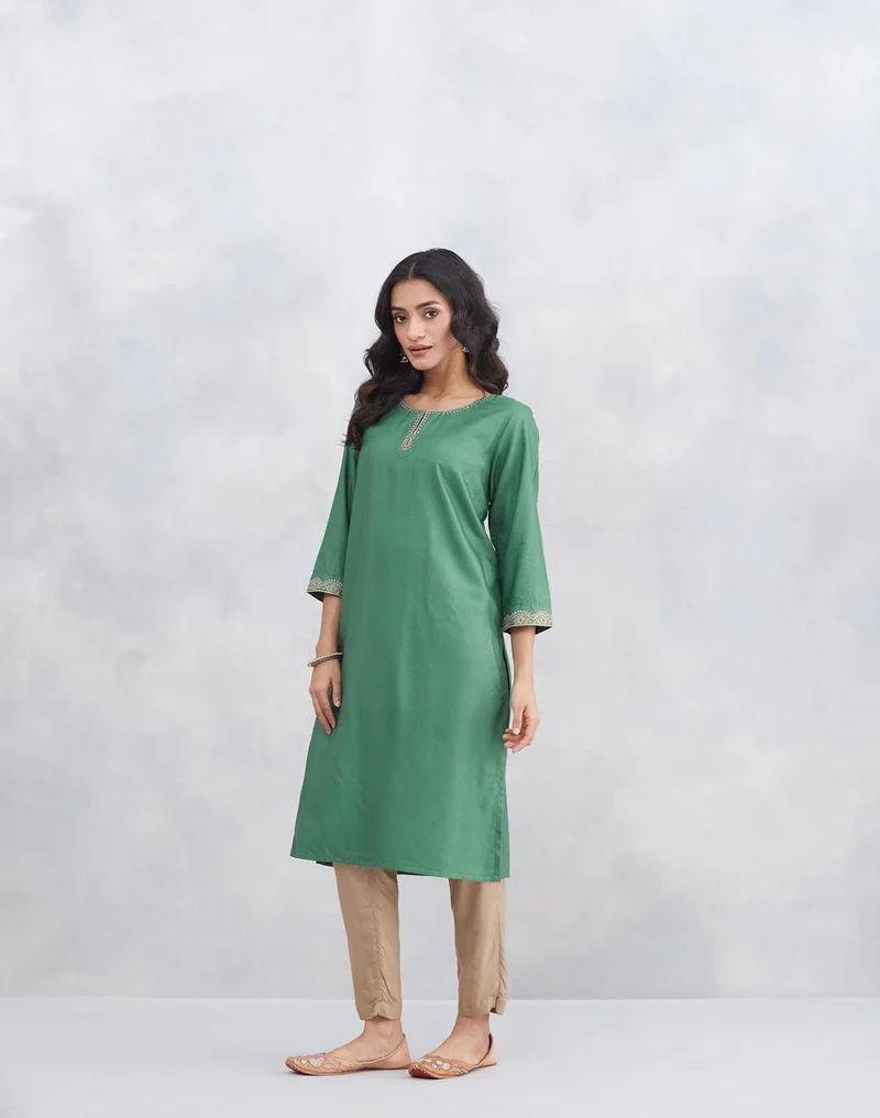 Fabindia  Green Viscose Silk Embroidered Knee Length Kurta for Women | Best Price UAE