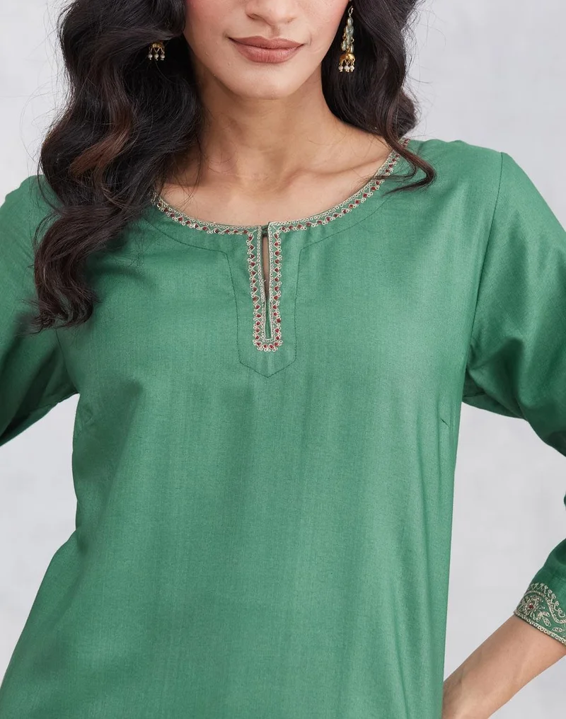 Fabindia  Green Viscose Silk Embroidered Knee Length Kurta for Women | Best Price UAE
