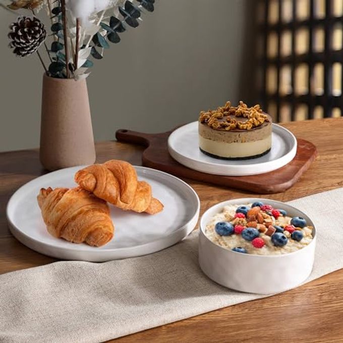 LIANYU Stoneware Dinnerware Sets, 12 Piece Plates and Bowls Dish Set for 4, Kitchen Speckled Dinner Ware Dining Dishware, Microwave & Dishwasher Safe, Polar White - Image 3