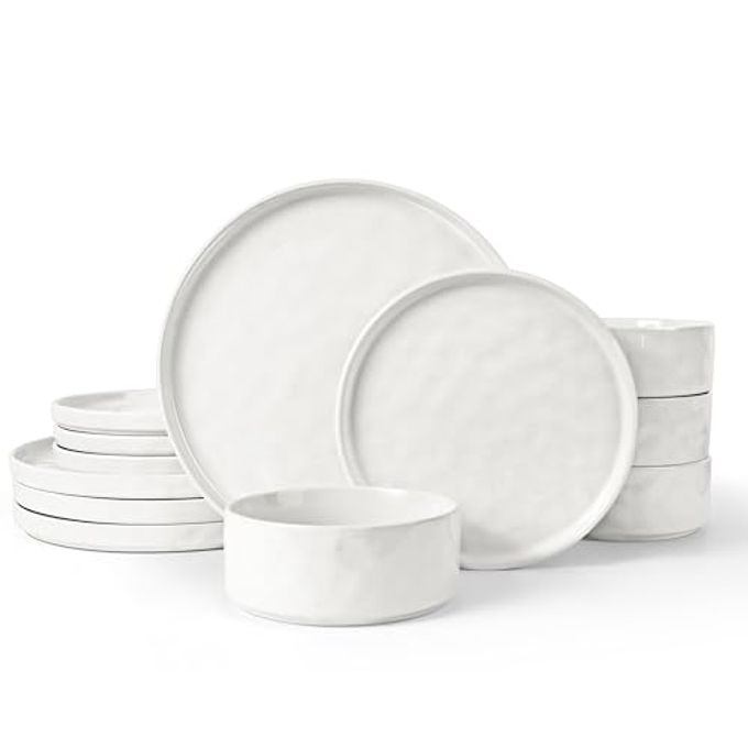 LIANYU Stoneware Dinnerware Sets, 12 Piece Plates and Bowls Dish Set for 4, Kitchen Speckled Dinner Ware Dining Dishware, Microwave & Dishwasher Safe, Polar White - Image 1